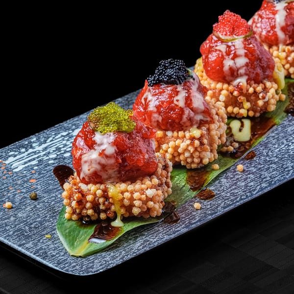 Four crispy rice sushi bites topped with red tuna, sauces, and colorful caviar on a dark plate.
