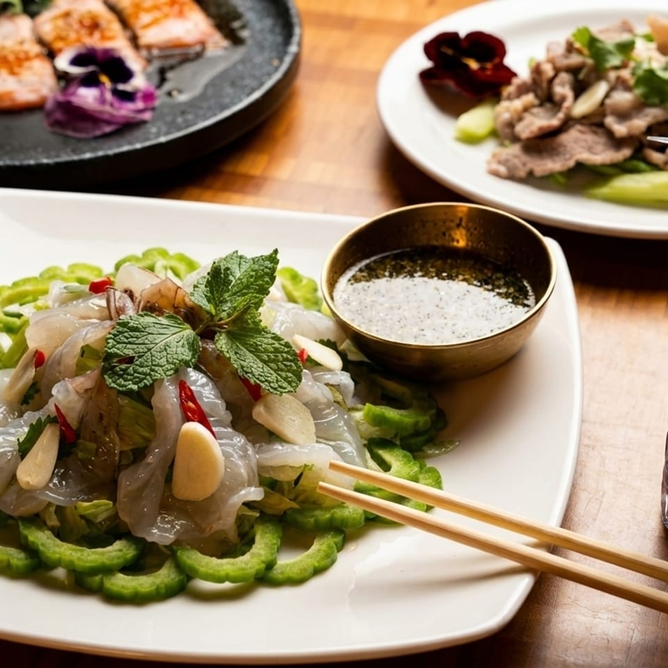 A vibrant spread of Thai dishes, including a shrimp salad, grilled salmon, beef, and a blue cocktail.