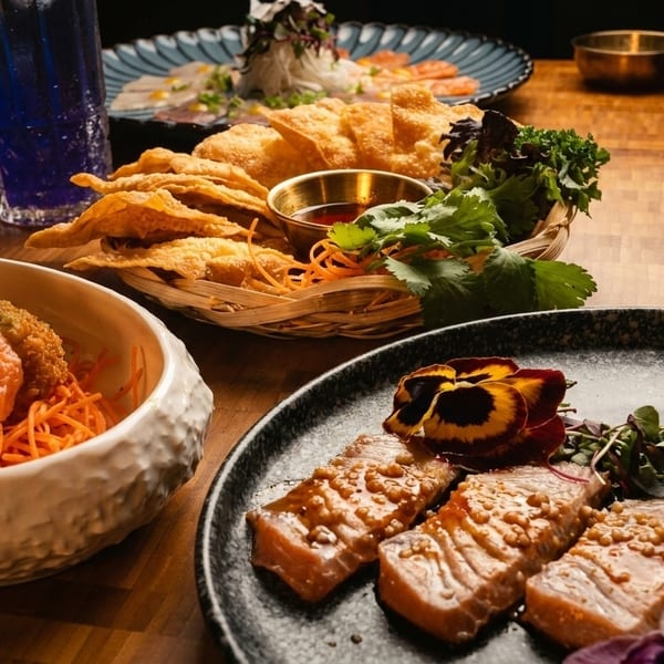 A table laden with various Asian dishes, including salmon, fried wontons, and a blue drink.