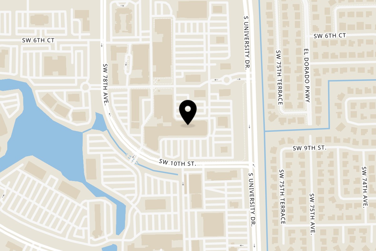 Map showing the location of Rens Sushi Japanese and Thai Cuisine on 801 S University Dr C - 112 in Plantation
